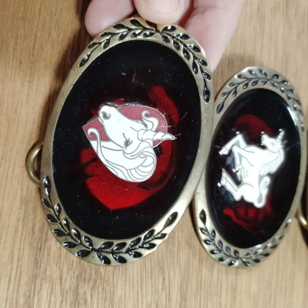 Three Vintage Unicorn Brass Belt Buckle Heritage Red Heart Lot Mystical Magical
